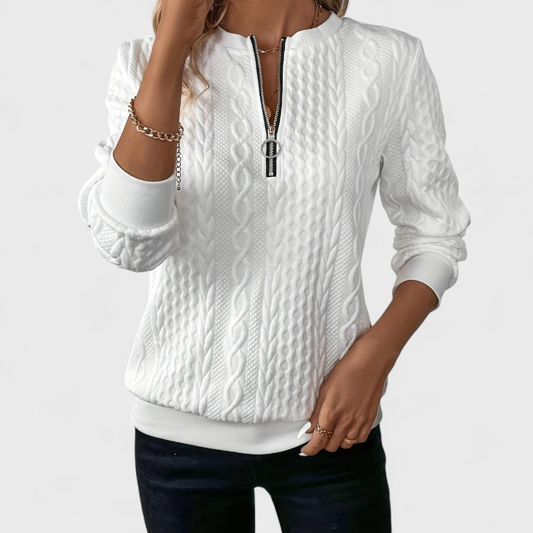 Minda - Sweter damski z zamkiem i splotem w warkocze