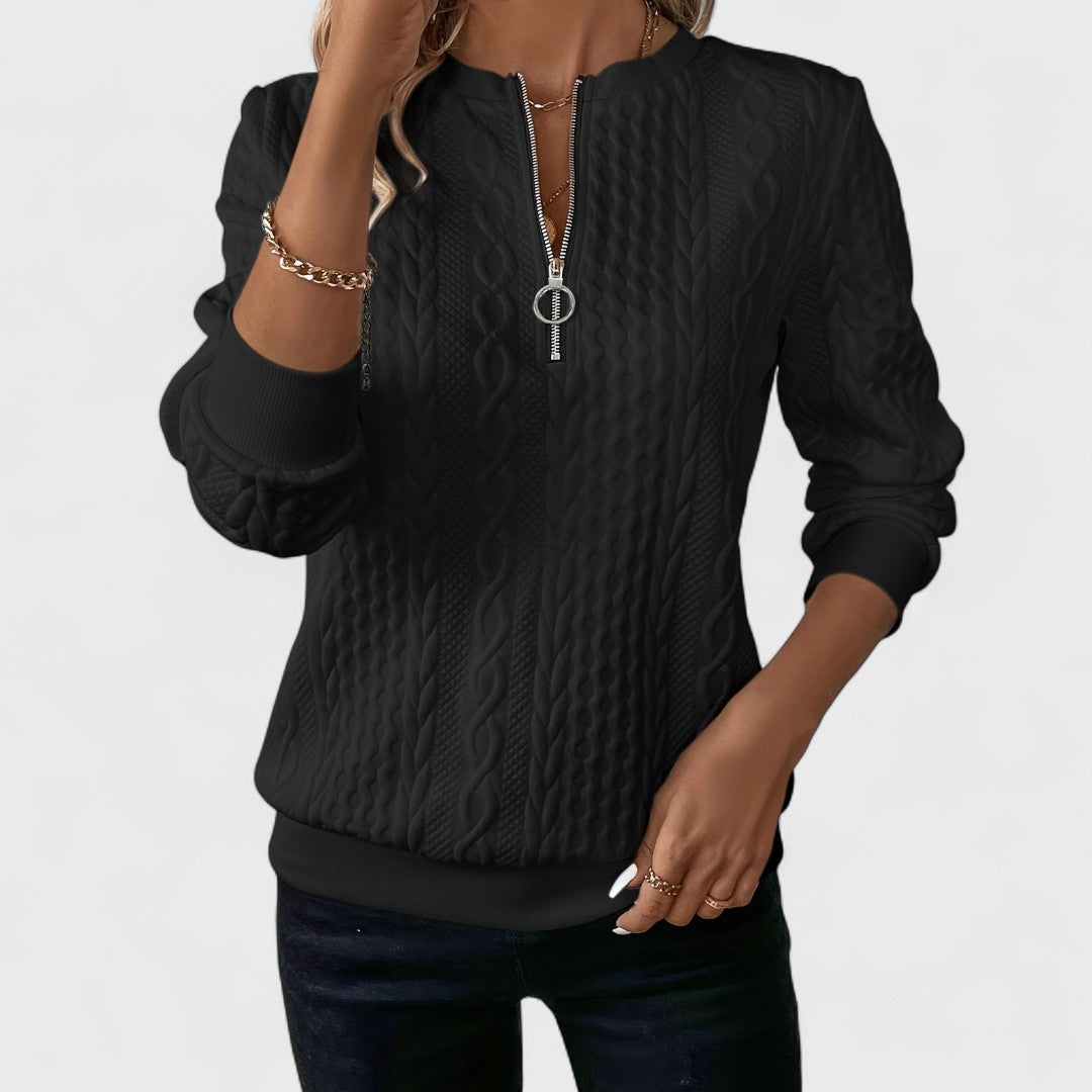 Minda - Sweter damski z zamkiem i splotem w warkocze